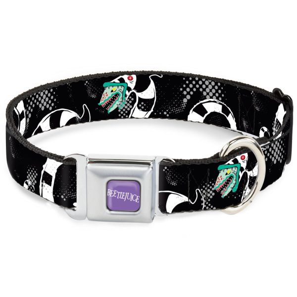 BEETLEJUICE Text Logo Full Color Purple White Seatbelt Buckle Collar - Beetlejuice Sandworm Healftone Repeat Black Gray Fashion