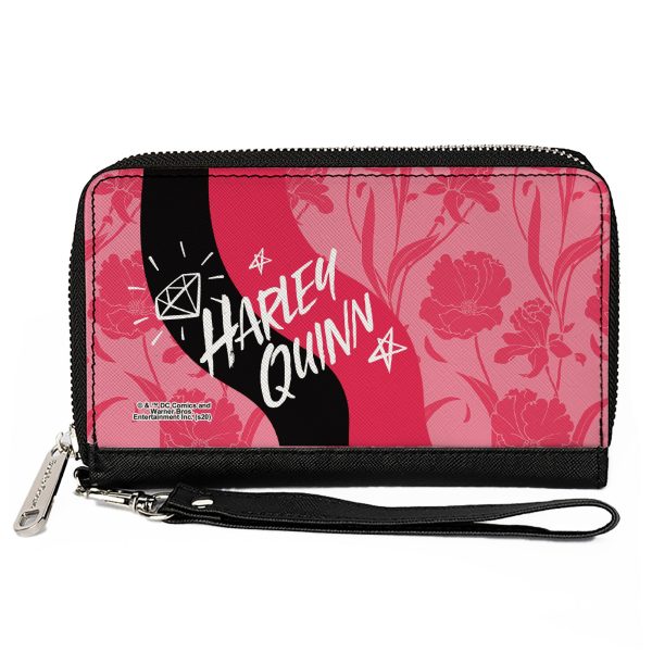 Women s PU Zip Around Wallet Rectangle - Birds of Prey HARLEY QUINN Text Diamond Stars Flowers Pinks Black White Online
